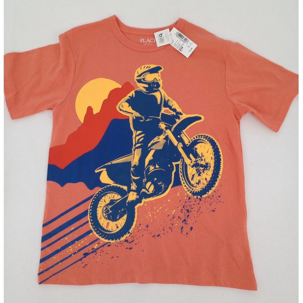The Children's Place Graphic Tee Boys Size M 7/8 Orange Motocross Dirt Bike NWT